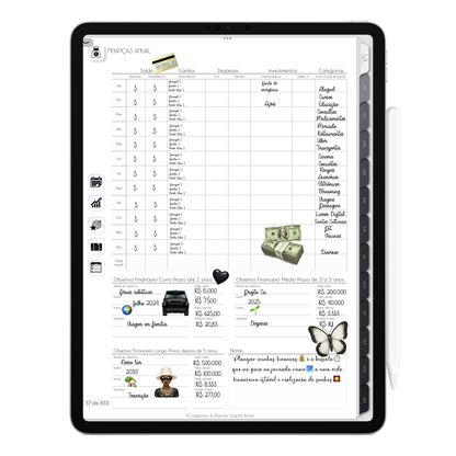 Página finanças anual. O Melhor Planner Digital 2025 Executivo do Mundo para planejar a vida pessoal e profissional, com ativação de lembretes apple calendar, google agenda e inteligência artificial AI Planner no ChatGPT. Planner Digital 2025 para iPad e Tablet Android, Tablet da Samsung. Planeje sua vida no melhor Planner Digital da Cadernos Planner Digital Brasil.