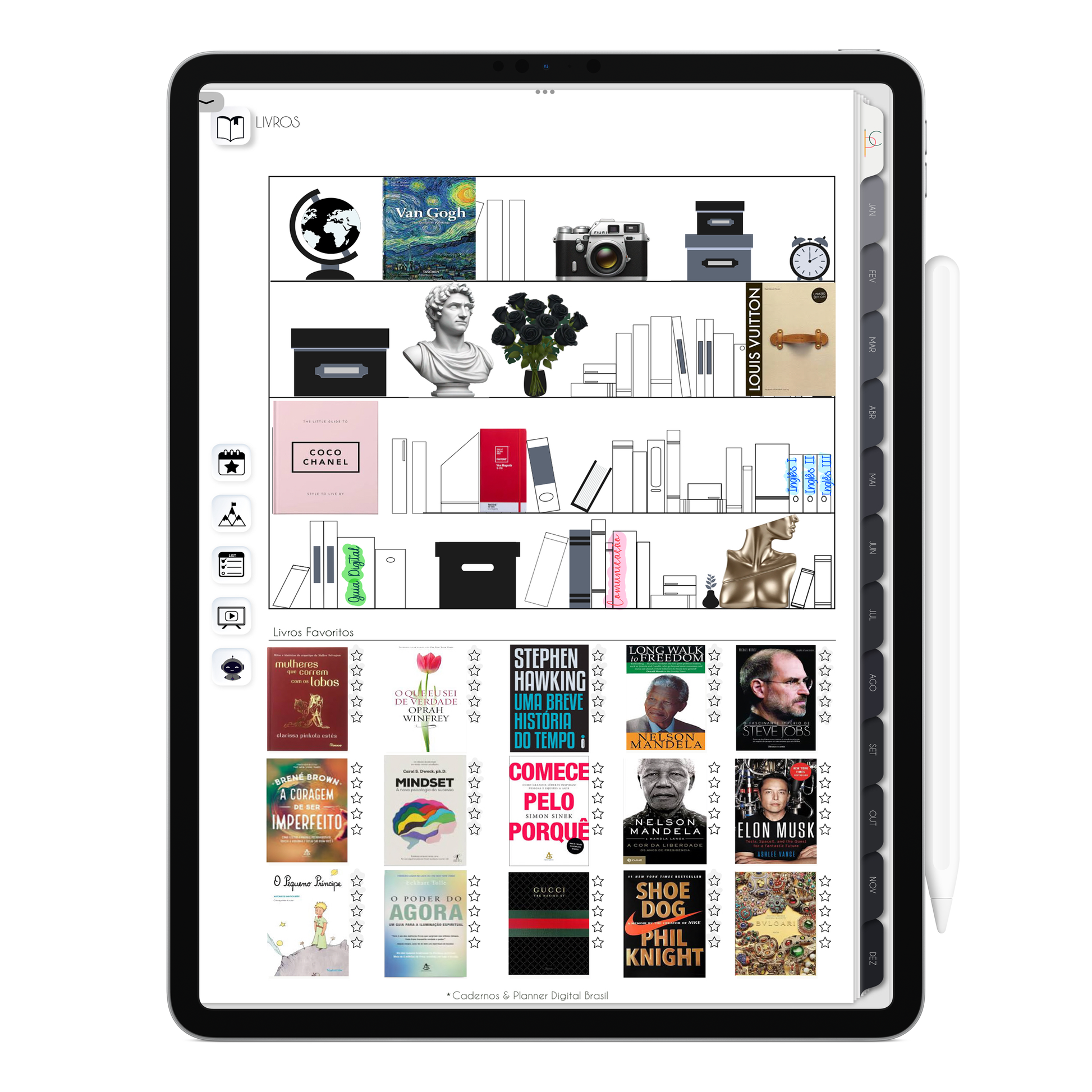 Página de livros. O Melhor Planner Digital 2025 Executivo do Mundo para planejar a vida pessoal e profissional, com ativação de lembretes apple calendar, google agenda e inteligência artificial AI Planner no ChatGPT. Planner Digital 2025 para iPad e Tablet Android, Tablet da Samsung. Planeje sua vida no melhor Planner Digital da Cadernos Planner Digital Brasil.