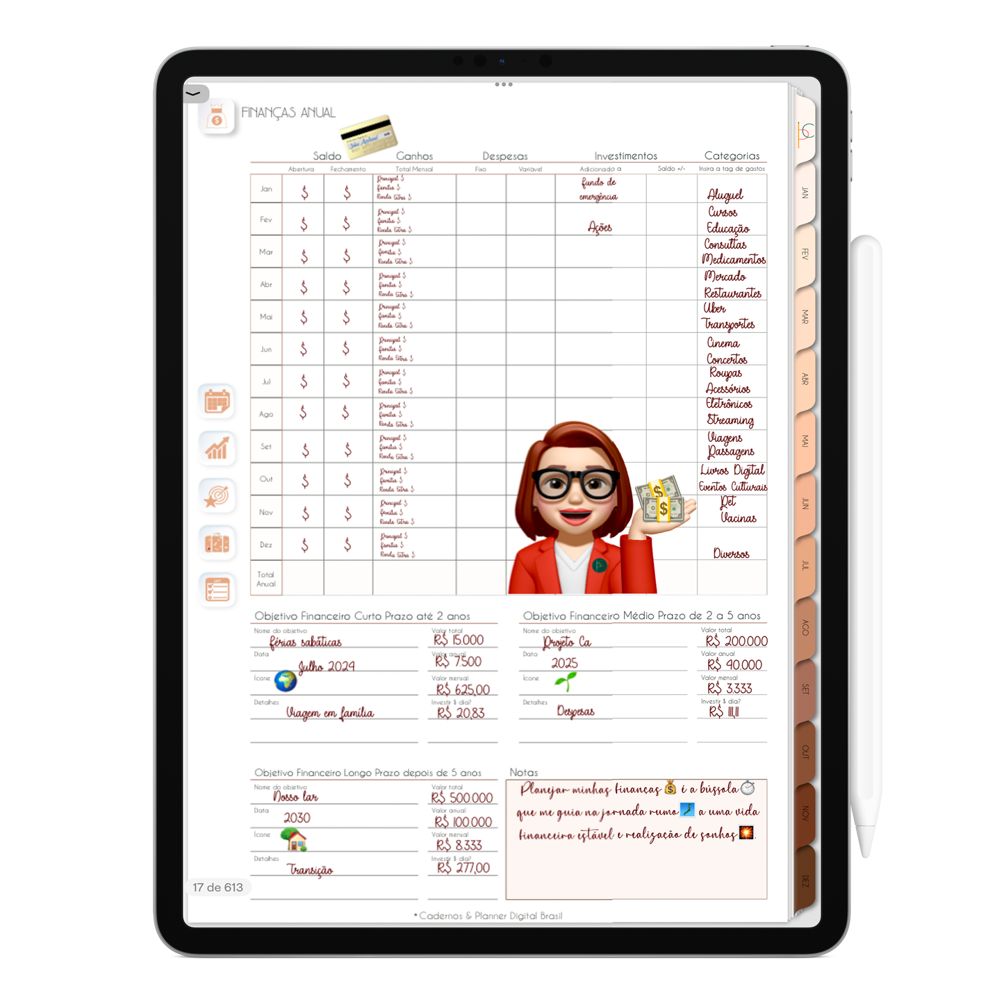 Página Finanças Anual. O Melhor Planner Digital 2025 do Mundo para planejar a vida pessoal e profissional, com ativação de lembretes apple calendar, google agenda e inteligência artificial AI Planner no ChatGPT. Planner Digital 2025 Minimal Universe para iPad e Tablet Android, Tablet da Samsung. Planeje sua vida no melhor Planner Digital da Cadernos Planner Digital Brasil.