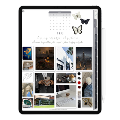 Página de Mood board. O Melhor Planner Digital 2025 Executivo do Mundo para planejar a vida pessoal e profissional, com ativação de lembretes apple calendar, google agenda e inteligência artificial AI Planner no ChatGPT. Planner Digital 2025 para iPad e Tablet Android, Tablet da Samsung. Planeje sua vida no melhor Planner Digital da Cadernos Planner Digital Brasil.