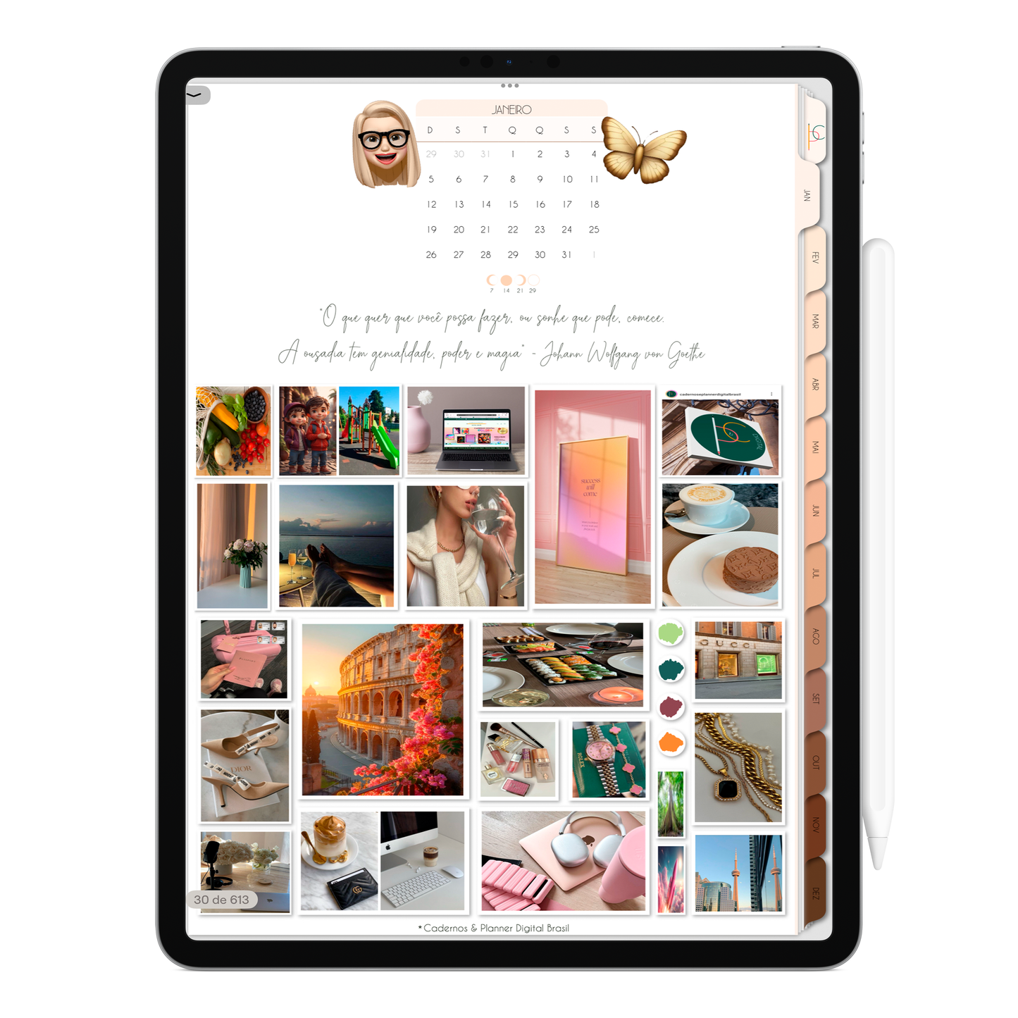 Página Planner Mensal. O Melhor Planner Digital 2025 do Mundo para planejar a vida pessoal e profissional, com ativação de lembretes apple calendar, google agenda e inteligência artificial AI Planner no ChatGPT. Planner Digital 2025 Minimal Universe para iPad e Tablet Android, Tablet da Samsung. Planeje sua vida no melhor Planner Digital da Cadernos Planner Digital Brasil.