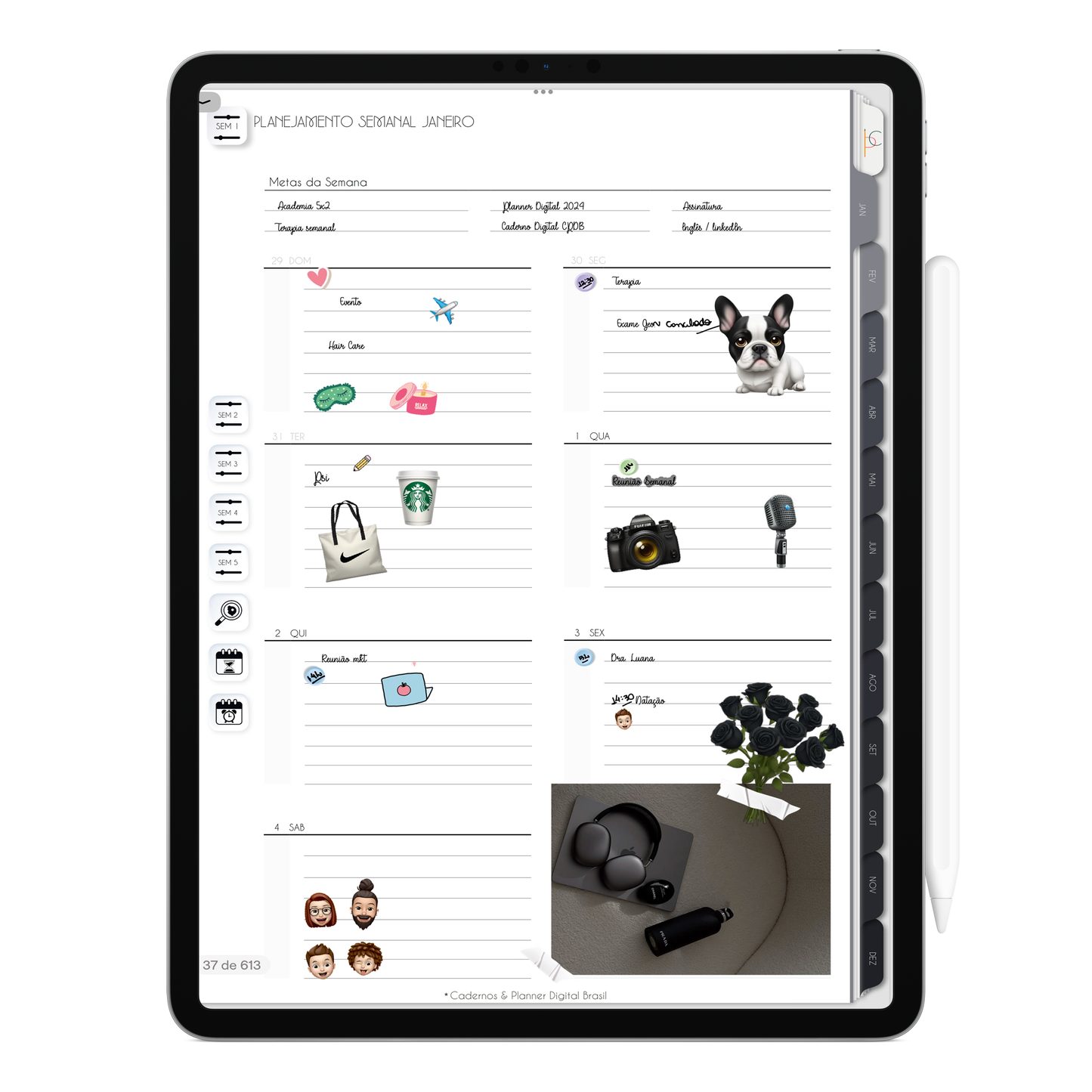 Página de planejamento semanal. O Melhor Planner Digital 2025 Executivo do Mundo para planejar a vida pessoal e profissional, com ativação de lembretes apple calendar, google agenda e inteligência artificial AI Planner no ChatGPT. Planner Digital 2025 para iPad e Tablet Android, Tablet da Samsung. Planeje sua vida no melhor Planner Digital da Cadernos Planner Digital Brasil.