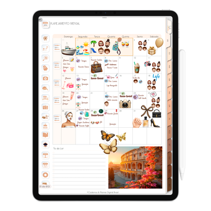 Página Planejamento mensal. O Melhor Planner Digital 2025 do Mundo para planejar a vida pessoal e profissional, com ativação de lembretes apple calendar, google agenda e inteligência artificial AI Planner no ChatGPT. Planner Digital 2025 Minimal Universe para iPad e Tablet Android, Tablet da Samsung. Planeje sua vida no melhor Planner Digital da Cadernos Planner Digital Brasil.