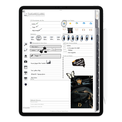 Página de planejamento diário. O Melhor Planner Digital 2025 Executivo do Mundo para planejar a vida pessoal e profissional, com ativação de lembretes apple calendar, google agenda e inteligência artificial AI Planner no ChatGPT. Planner Digital 2025 para iPad e Tablet Android, Tablet da Samsung. Planeje sua vida no melhor Planner Digital da Cadernos Planner Digital Brasil.