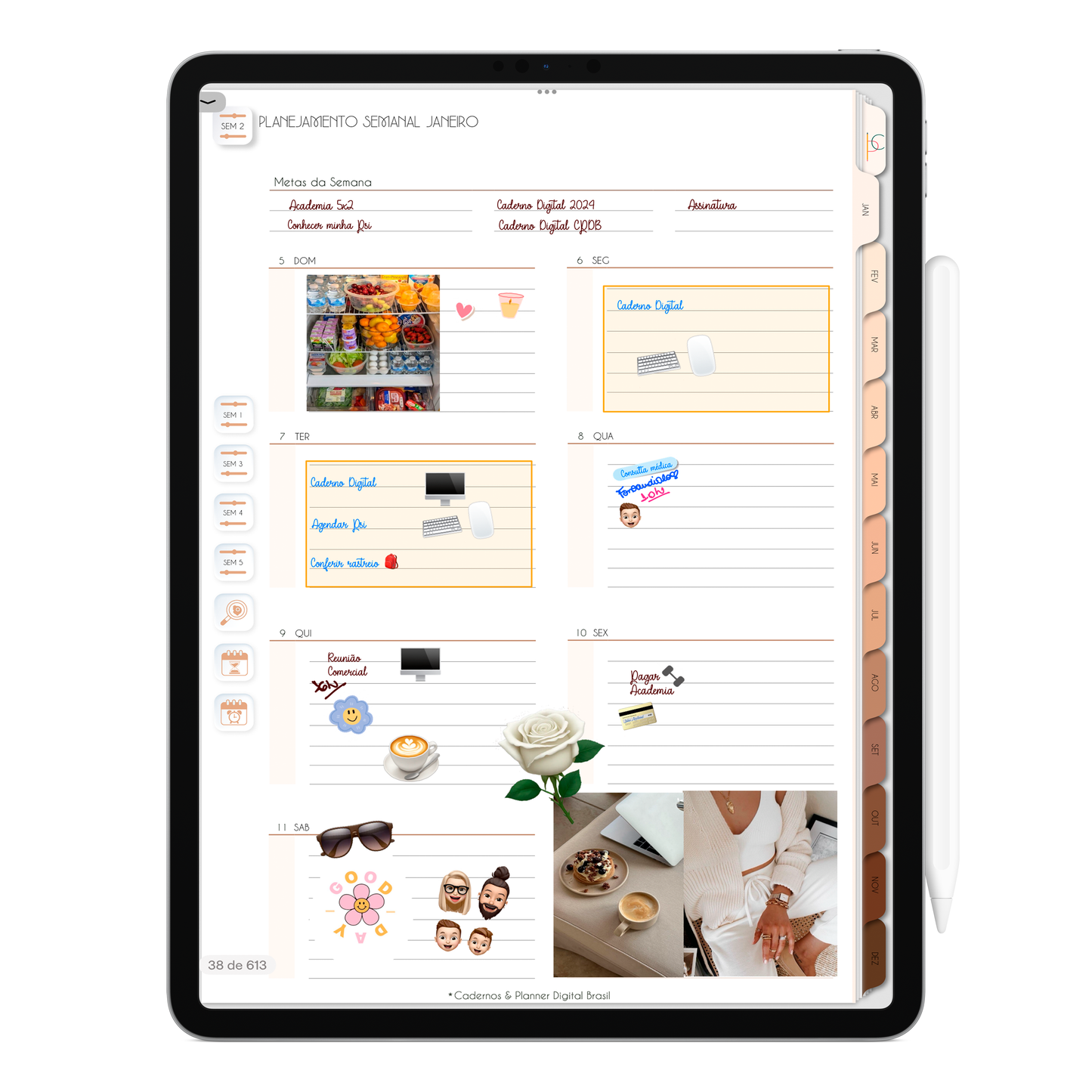 Página planejamento semanal. O Melhor Planner Digital 2025 do Mundo para planejar a vida pessoal e profissional, com ativação de lembretes apple calendar, google agenda e inteligência artificial AI Planner no ChatGPT. Planner Digital 2025 Minimal Universe para iPad e Tablet Android, Tablet da Samsung. Planeje sua vida no melhor Planner Digital da Cadernos Planner Digital Brasil.
