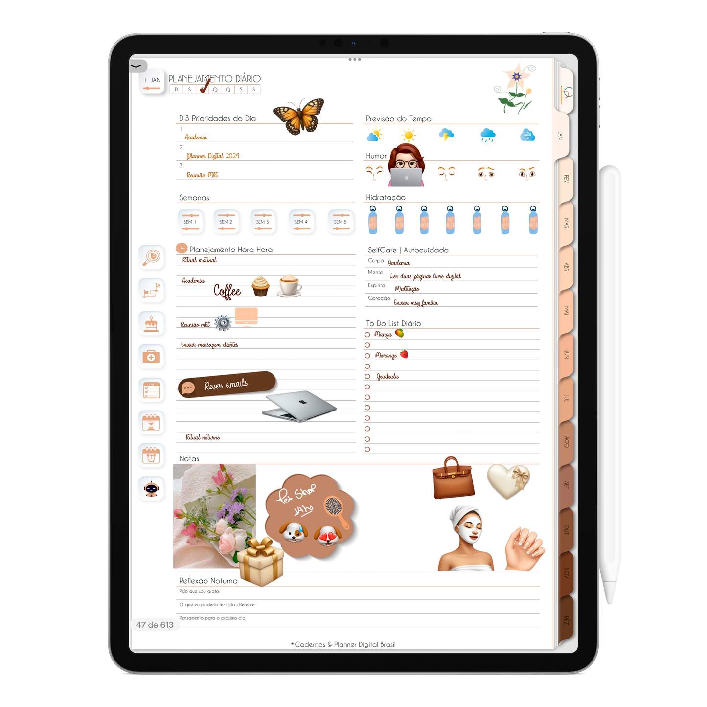 Página planejamento diário. O Melhor Planner Digital 2025 do Mundo para planejar a vida pessoal e profissional, com ativação de lembretes apple calendar, google agenda e inteligência artificial AI Planner no ChatGPT. Planner Digital 2025 Minimal Universe para iPad e Tablet Android, Tablet da Samsung. Planeje sua vida no melhor Planner Digital da Cadernos Planner Digital Brasil.