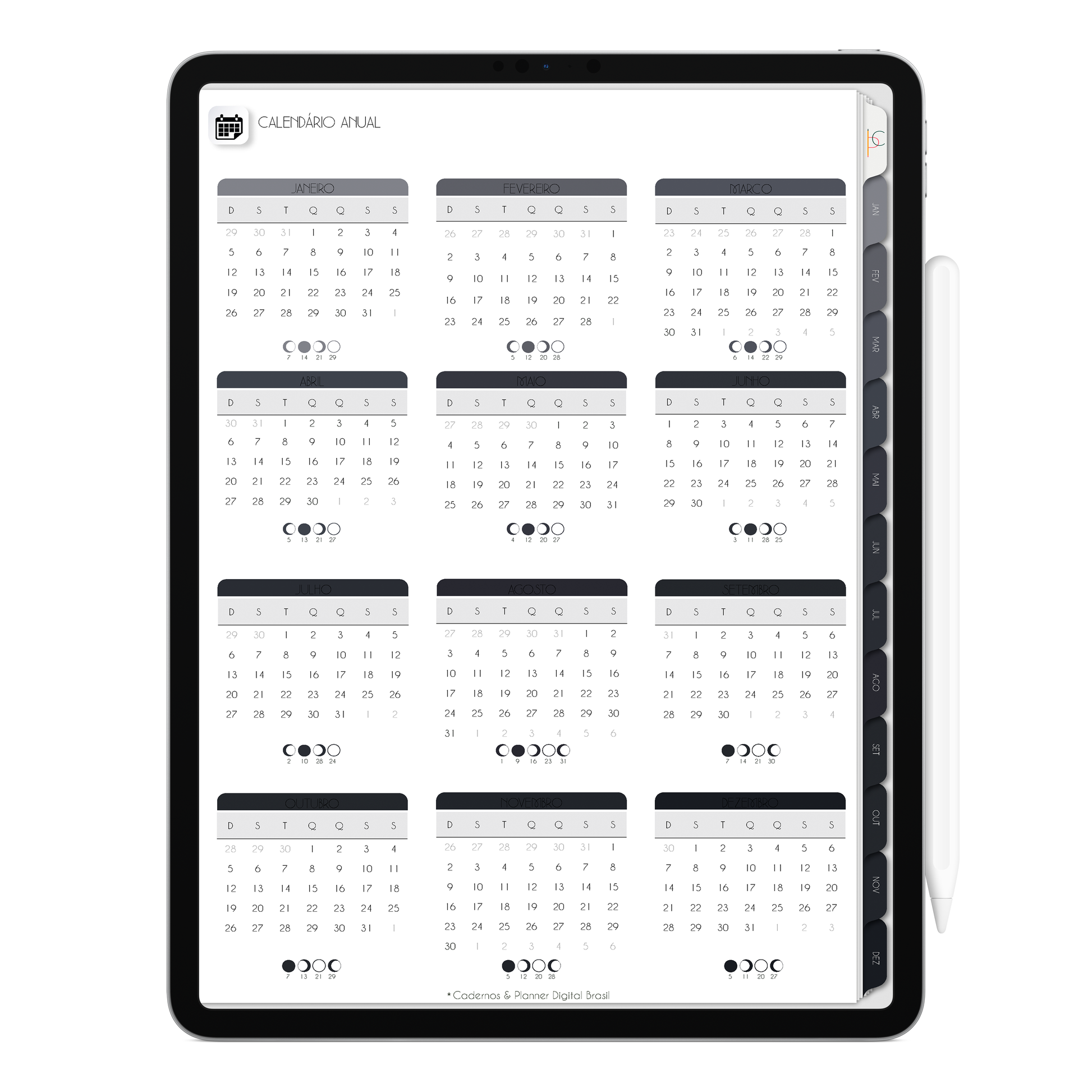 Página Calendário Anual. O Melhor Planner Digital 2025 Executivo do Mundo para planejar a vida pessoal e profissional, com ativação de lembretes apple calendar, google agenda e inteligência artificial AI Planner no ChatGPT. Planner Digital 2025 para iPad e Tablet Android, Tablet da Samsung. Planeje sua vida no melhor Planner Digital da Cadernos Planner Digital Brasil.