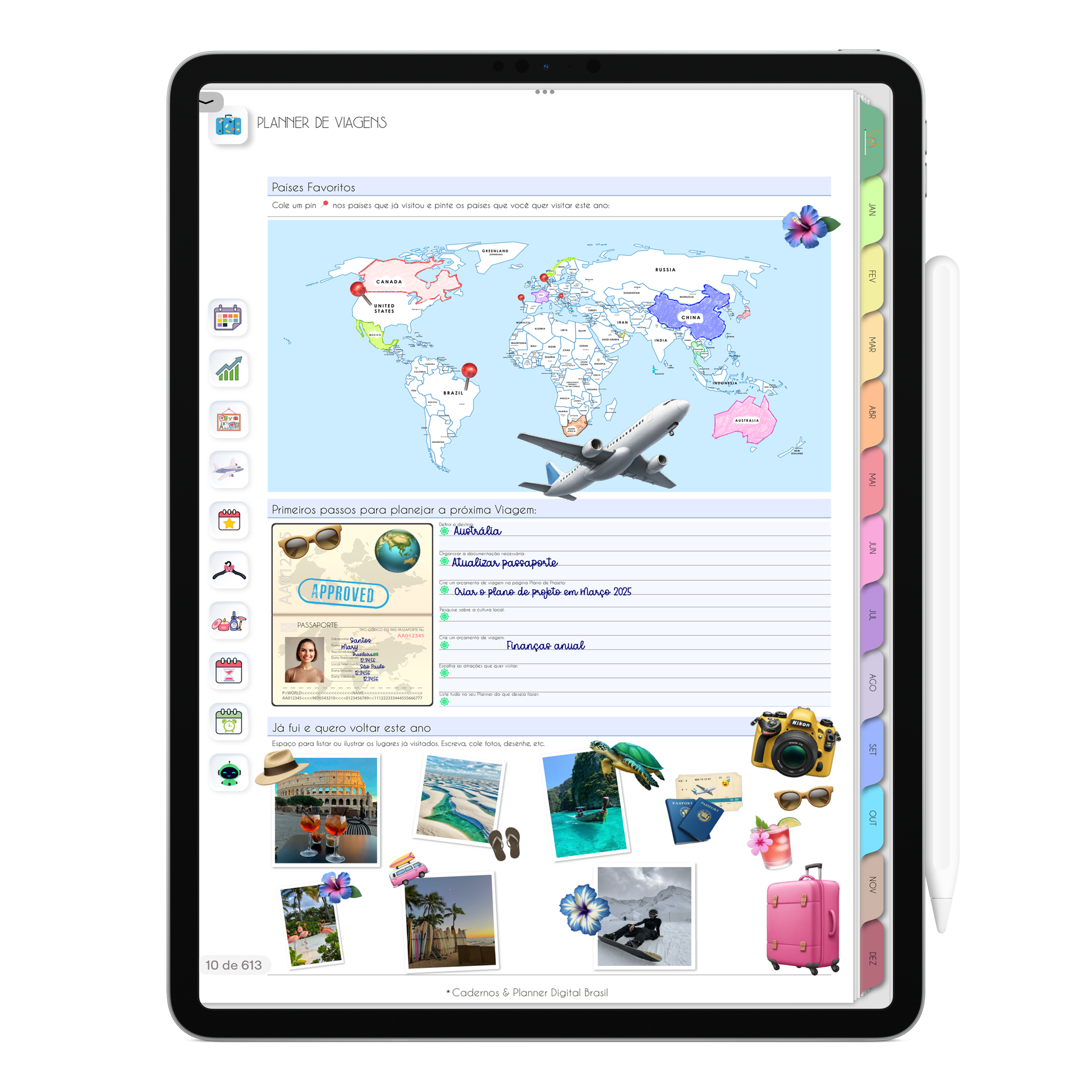 Página Planner de Viagens. O Melhor Planner Digital 2025 do Mundo para planejar a vida pessoal e profissional, com ativação de lembretes apple calendar, google agenda e inteligência artificial AI Planner no ChatGPT. Planner Digital 2025 para iPad e Tablet Android, Tablet da Samsung. Planeje sua vida no melhor Planner Digital da Cadernos Planner Digital Brasil.