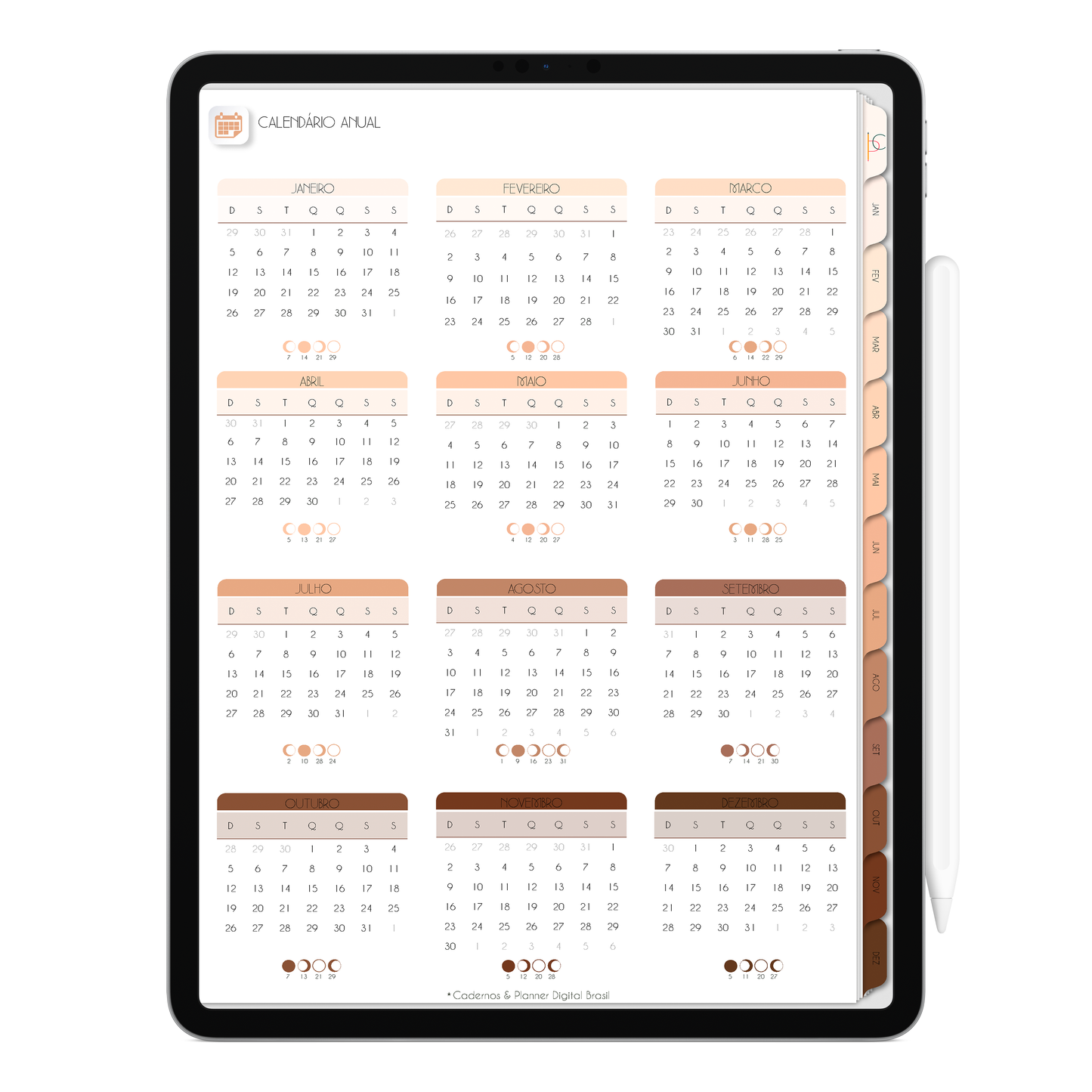 Página Calendário Anual e Lunar. O Melhor Planner Digital 2025 do Mundo para planejar a vida pessoal e profissional, com ativação de lembretes apple calendar, google agenda e inteligência artificial AI Planner no ChatGPT. Planner Digital 2025 Minimal Universe para iPad e Tablet Android, Tablet da Samsung. Planeje sua vida no melhor Planner Digital da Cadernos Planner Digital Brasil.