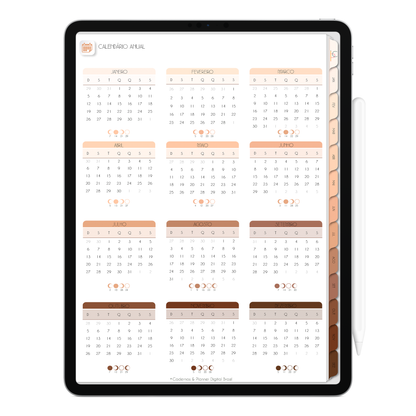 Página Calendário Anual e Lunar. O Melhor Planner Digital 2025 do Mundo para planejar a vida pessoal e profissional, com ativação de lembretes apple calendar, google agenda e inteligência artificial AI Planner no ChatGPT. Planner Digital 2025 Minimal Universe para iPad e Tablet Android, Tablet da Samsung. Planeje sua vida no melhor Planner Digital da Cadernos Planner Digital Brasil.