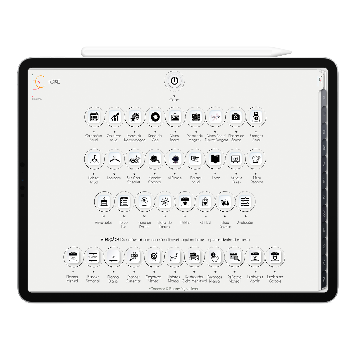 Página Home. O Melhor Planner Digital Executivo 2025 do Mundo para planejar a vida pessoal e profissional, com ativação de lembretes apple calendar, google agenda e inteligência artificial AI Planner no ChatGPT. Planner Digital 2025 para iPad e Tablet Android, Tablet da Samsung. Planeje sua vida no melhor Planner Digital da Cadernos Planner Digital Brasil.