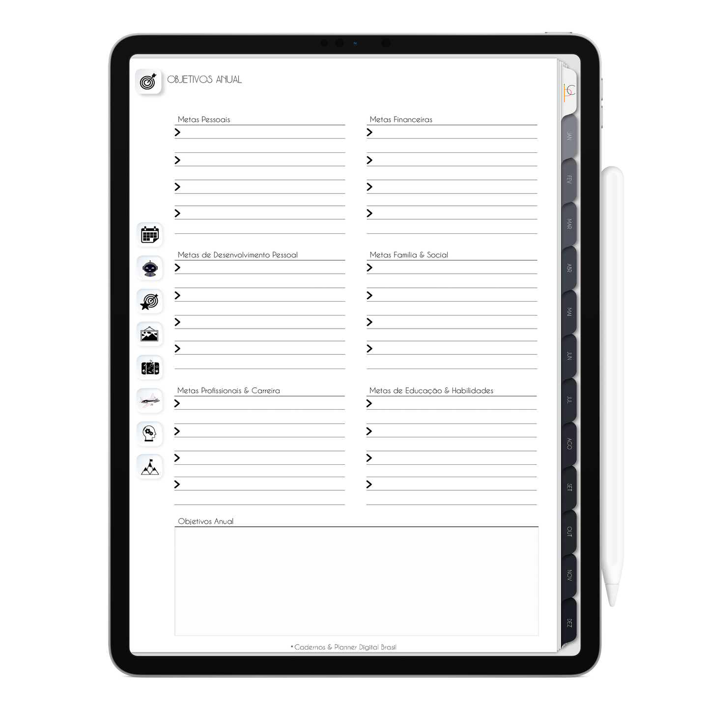 Planner Digital com Objetivos anual com ativação lembretes apple calendar e google agenda e inteligência artificial AI Planner no ChatGPT. Planner Digital 2025 Gratuito download grátis do planner digital para iPad e Tablet Android, tablet da Samsung Planeje sua vida no melhor planner digital da Cadernos  Planner Digital Brasil