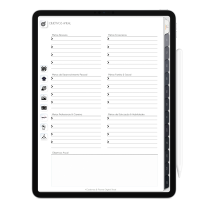 Planner Digital com Objetivos anual com ativação lembretes apple calendar e google agenda e inteligência artificial AI Planner no ChatGPT. Planner Digital 2025 Gratuito download grátis do planner digital para iPad e Tablet Android, tablet da Samsung Planeje sua vida no melhor planner digital da Cadernos  Planner Digital Brasil