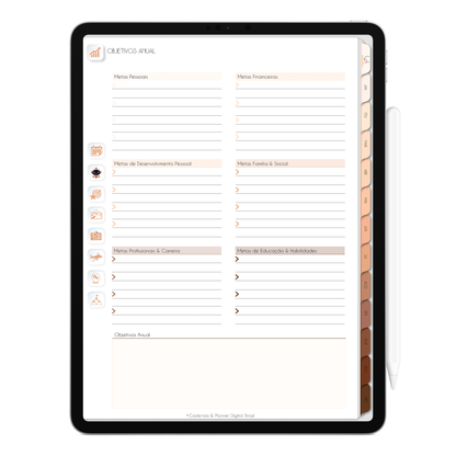 Planejamento de objetivos anual do Planner Digital Minimal Universe Mocha Nude com ativação lembretes apple calendar e google agenda e inteligência artificial AI Planner no ChatGPT. Planner Digital 2025 Gratuito download grátis do planner digital para iPad e Tablet Android, tablet da Samsung Planeje sua vida no melhor planner digital da Cadernos  Planner Digital Brasil
