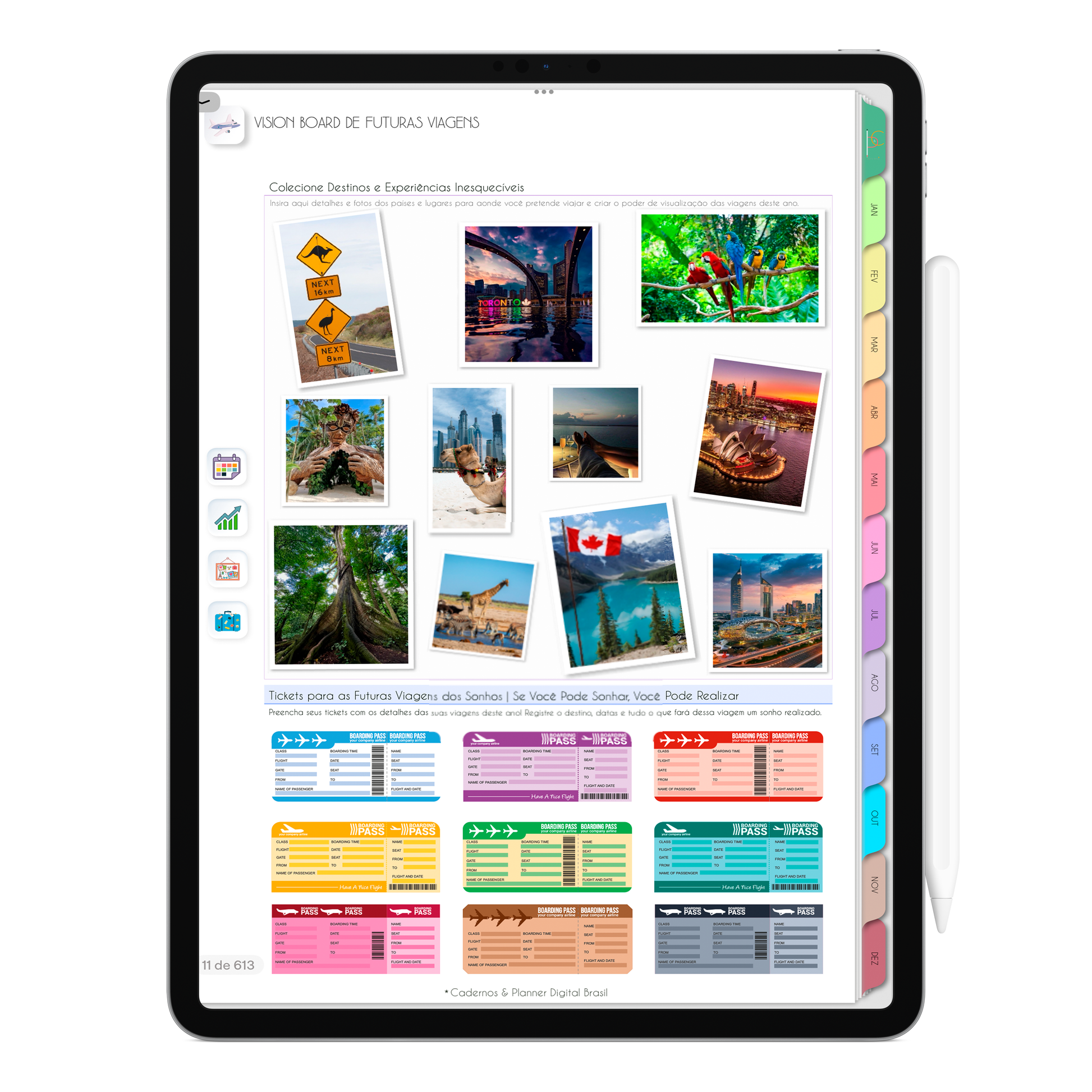 Página Vision Board Futuras Viagens. O Melhor Planner Digital 2025 do Mundo para planejar a vida pessoal e profissional, com ativação de lembretes apple calendar, google agenda e inteligência artificial AI Planner no ChatGPT. Planner Digital 2025 para iPad e Tablet Android, Tablet da Samsung. Planeje sua vida no melhor Planner Digital da Cadernos Planner Digital Brasil.