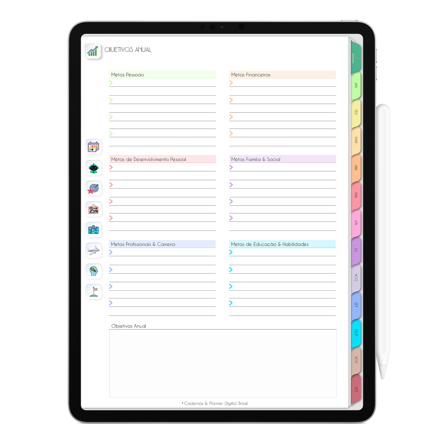 Planejamento objetivos anual com ativação lembretes apple calendar e google agenda e inteligência artificial AI Planner. Planner Digital 2025 Gratuito download grátis do planner digital para iPad e Tablet Android, tablet da Samsung Planeje sua vida no melhor planner digital da Cadernos  Planner Digital Brasil