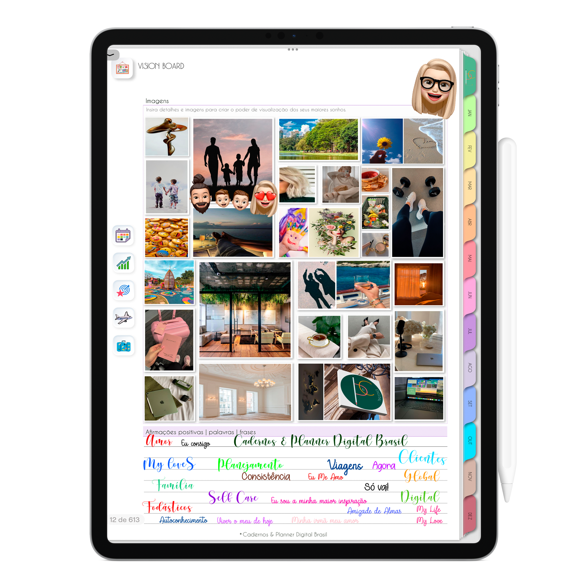 Página Vision Board Sonhos. O Melhor Planner Digital 2025 do Mundo para planejar a vida pessoal e profissional, com ativação de lembretes apple calendar, google agenda e inteligência artificial AI Planner no ChatGPT. Planner Digital 2025 para iPad e Tablet Android, Tablet da Samsung. Planeje sua vida no melhor Planner Digital da Cadernos Planner Digital Brasil.