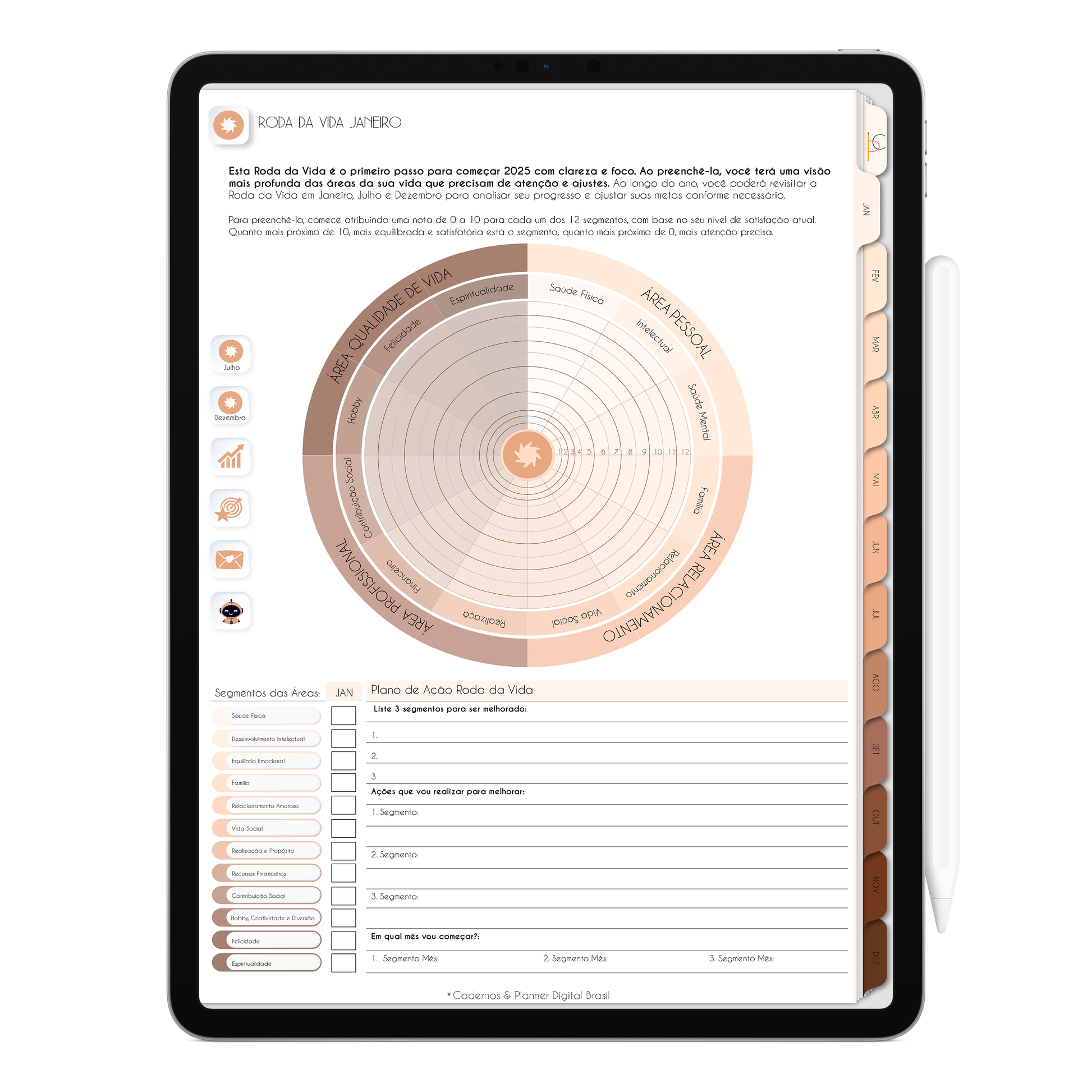 Planejamento Roda da Vida para o ano inteiro no Planner Digital Minimal Universe Mocha Nude com ativação lembretes apple calendar e google agenda e inteligência artificial AI Planner no ChatGPT. Planner Digital 2025 Gratuito download grátis do planner digital para iPad e Tablet Android, tablet da Samsung Planeje sua vida no melhor planner digital da Cadernos  Planner Digital Brasil
