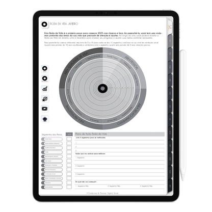 Planejamento Roda da Vida para o ano inteiro, com ativação lembretes apple calendar e google agenda e inteligência artificial AI Planner no ChatGPT. Planner Digital 2025 Gratuito download grátis do planner digital para iPad e Tablet Android, tablet da Samsung Planeje sua vida no melhor planner digital da Cadernos  Planner Digital Brasil