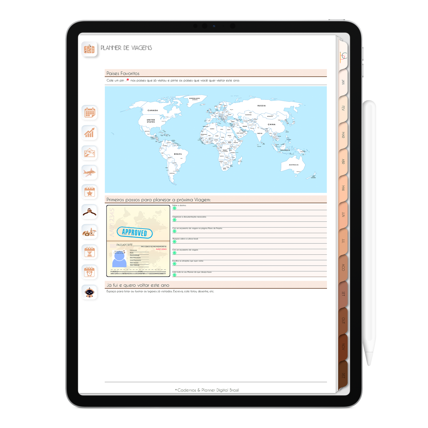 Planejamento Planner de Viagens anual no Planner Digital Minimal Universe Mocha Nude com ativação lembretes apple calendar e google agenda e inteligência artificial AI Planner no ChatGPT. Planner Digital 2025 Gratuito download grátis do planner digital para iPad e Tablet Android, tablet da Samsung Planeje sua vida no melhor planner digital da Cadernos  Planner Digital Brasil
