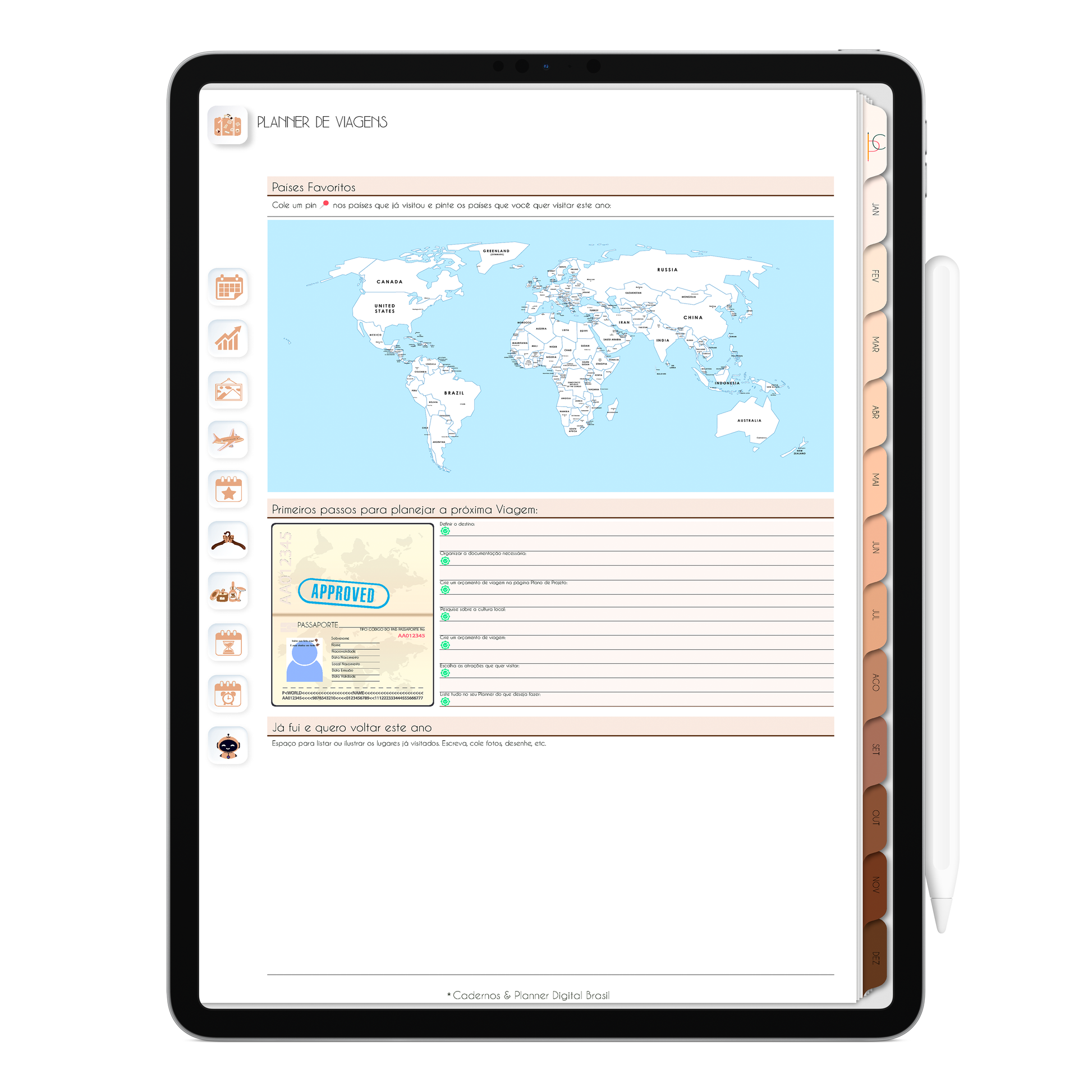 Planejamento Planner de Viagens anual no Planner Digital Minimal Universe Mocha Nude com ativação lembretes apple calendar e google agenda e inteligência artificial AI Planner no ChatGPT. Planner Digital 2025 Gratuito download grátis do planner digital para iPad e Tablet Android, tablet da Samsung Planeje sua vida no melhor planner digital da Cadernos  Planner Digital Brasil
