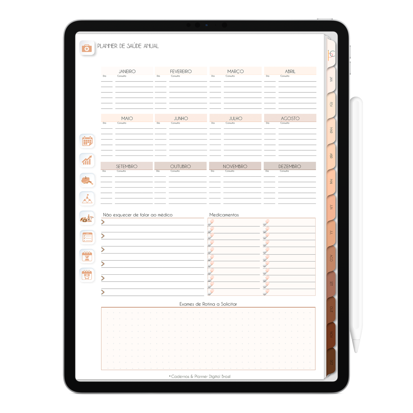 Planejamento de saúde anual do Planner Digital Minimal Universe Mocha Nude com ativação lembretes apple calendar e google agenda e inteligência artificial AI Planner no ChatGPT. Planner Digital 2025 Gratuito download grátis do planner digital para iPad e Tablet Android, tablet da Samsung Planeje sua vida no melhor planner digital da Cadernos  Planner Digital Brasil

