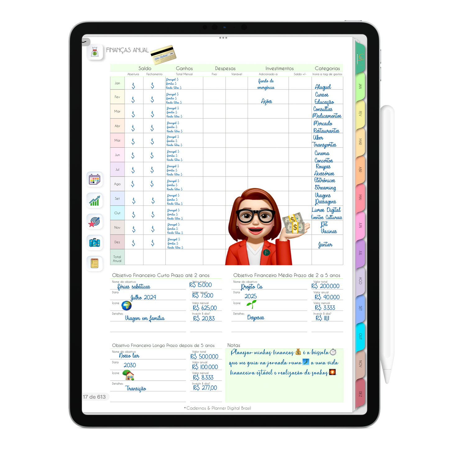 Página Finanças Anual. O Melhor Planner Digital 2025 do Mundo para planejar a vida pessoal e profissional, com ativação de lembretes apple calendar, google agenda e inteligência artificial AI Planner no ChatGPT. Planner Digital 2025 para iPad e Tablet Android, Tablet da Samsung. Planeje sua vida no melhor Planner Digital da Cadernos Planner Digital Brasil.