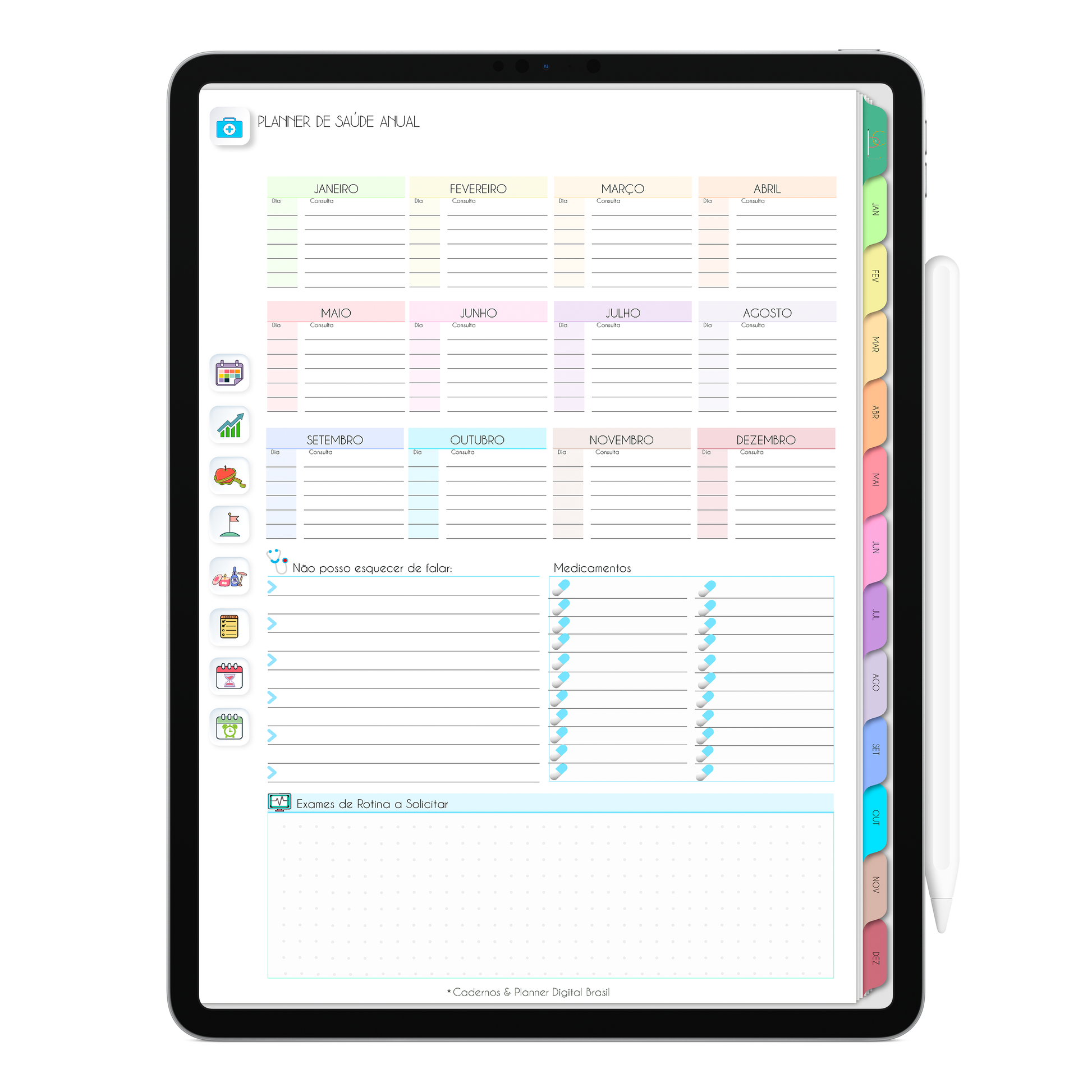Planejamento de saúde anual, com ativação lembretes apple calendar e google agenda e inteligência artificial AI Planner. Planner Digital 2025 Gratuito download grátis do planner digital para iPad e Tablet Android, tablet da Samsung Planeje sua vida no melhor planner digital da Cadernos  Planner Digital Brasil