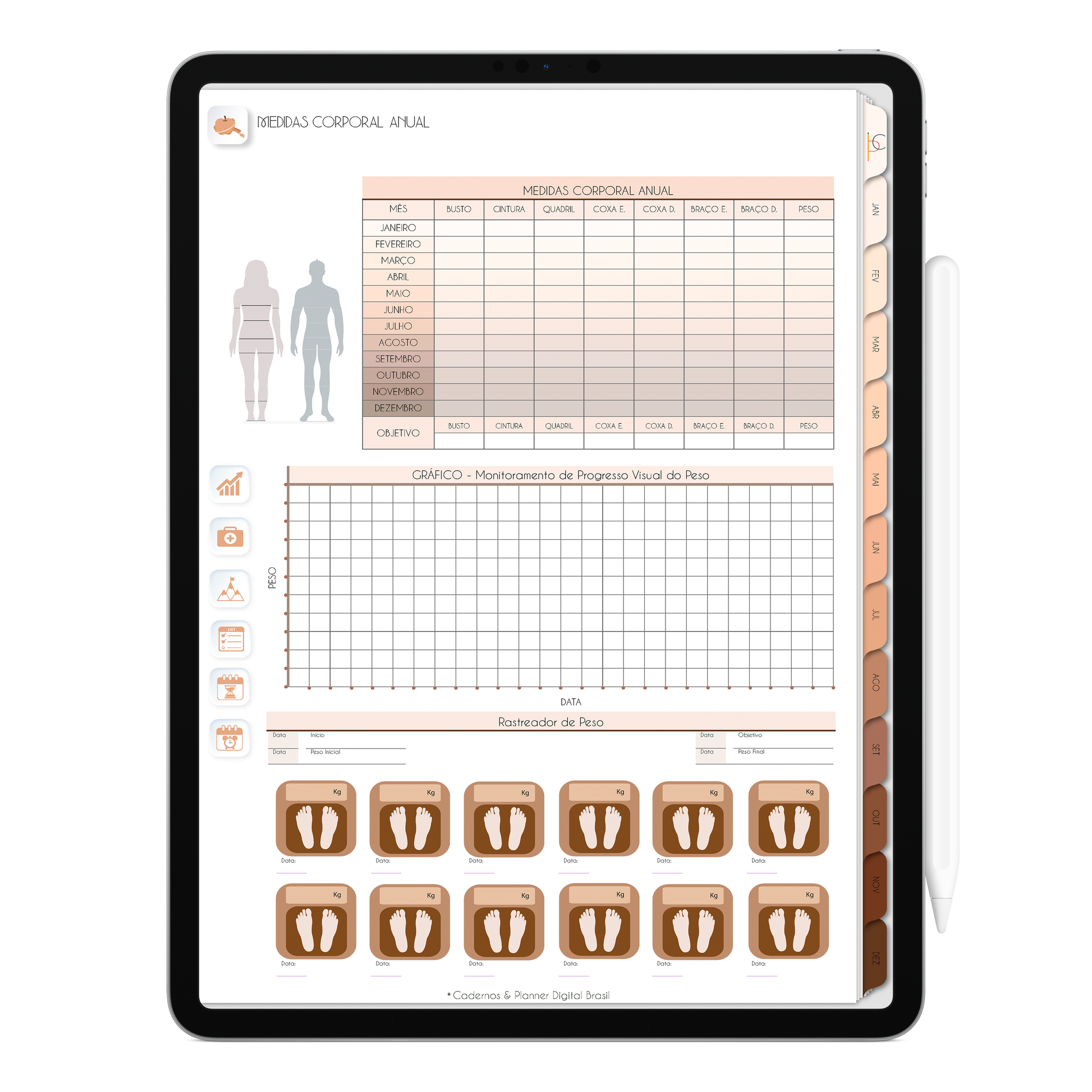 Página Medidas Corporal Anual. O Melhor Planner Digital 2025 do Mundo para planejar a vida pessoal e profissional, com ativação de lembretes apple calendar, google agenda e inteligência artificial AI Planner no ChatGPT. Planner Digital 2025 Minimal Universe para iPad e Tablet Android, Tablet da Samsung. Planeje sua vida no melhor Planner Digital da Cadernos Planner Digital Brasil.