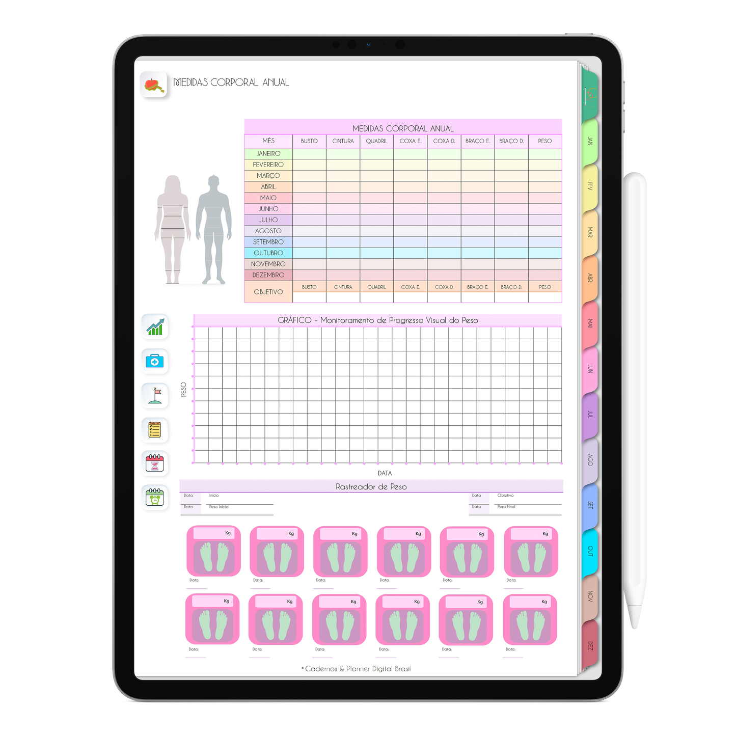 Página de medidas corporal 12 meses do ano. Planner Digital 2025 Gratuito download grátis do planner digital para iPad e Tablet Android, tablet da Samsung Planeje sua vida no melhor planner digital da Cadernos  Planner Digital Brasil