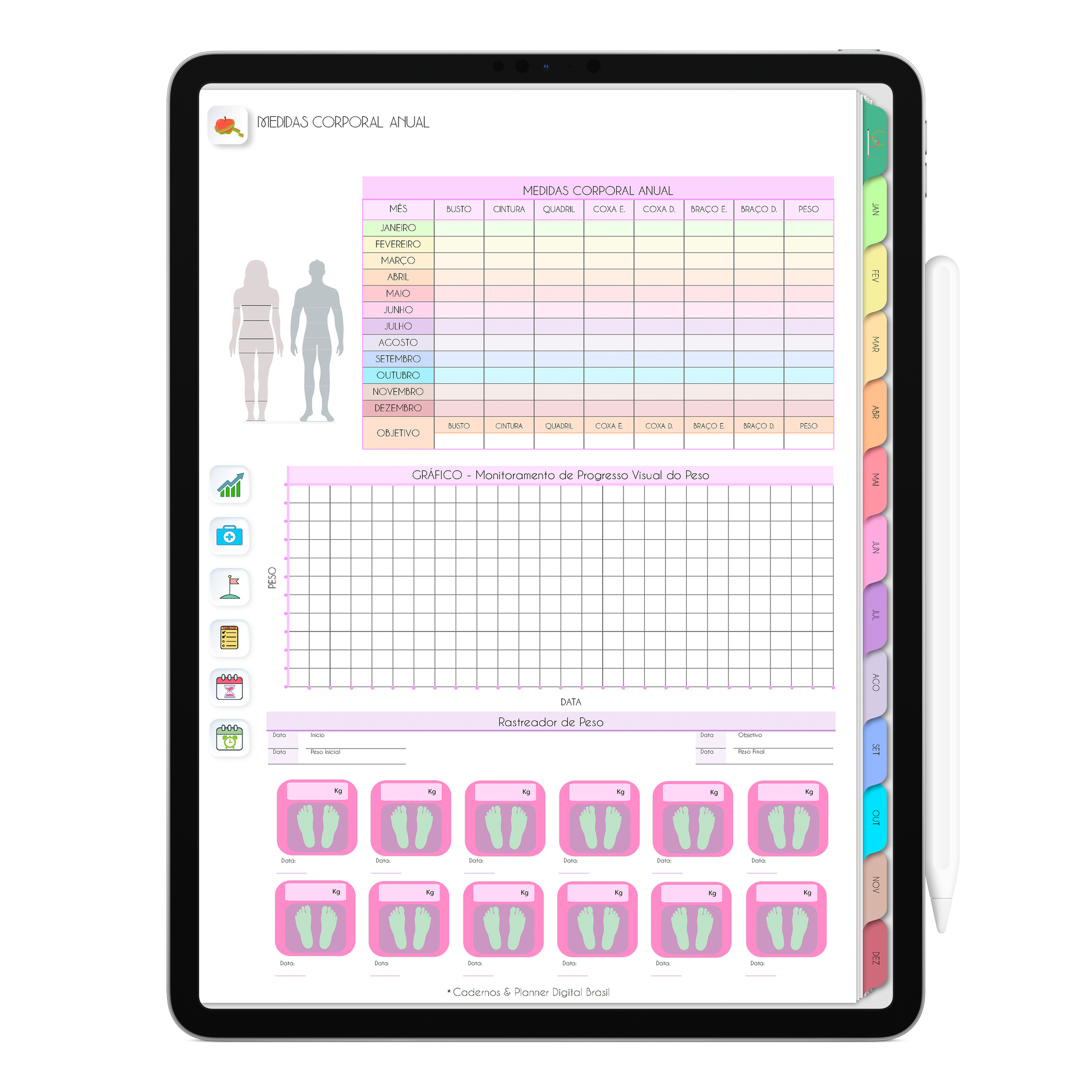 Página Medidas Corporal Anual. O Melhor Planner Digital 2025 do Mundo para planejar a vida pessoal e profissional, com ativação de lembretes apple calendar, google agenda e inteligência artificial AI Planner no ChatGPT. Planner Digital 2025 para iPad e Tablet Android, Tablet da Samsung. Planeje sua vida no melhor Planner Digital da Cadernos Planner Digital Brasil.