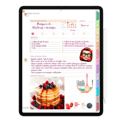 Página Menu Receitas. O Melhor Planner Digital 2025 do Mundo para planejar a vida pessoal e profissional, com ativação de lembretes apple calendar, google agenda e inteligência artificial AI Planner no ChatGPT. Planner Digital 2025 para iPad e Tablet Android, Tablet da Samsung. Planeje sua vida no melhor Planner Digital da Cadernos Planner Digital Brasil.