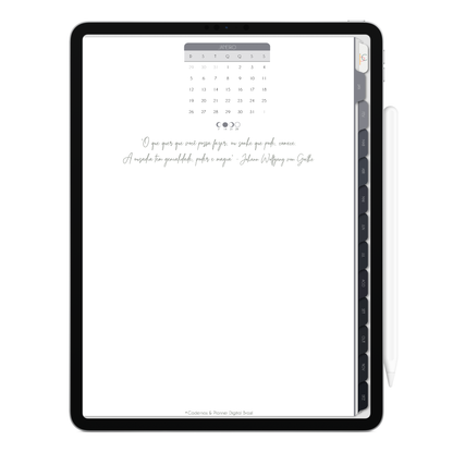 Capa do mês com frase inspiracional, com ativação lembretes apple calendar e google agenda e inteligência artificial AI Planner no ChatGPT. Planner Digital 2025 Gratuito download grátis do planner digital para iPad e Tablet Android, tablet da Samsung Planeje sua vida no melhor planner digital da Cadernos  Planner Digital Brasil