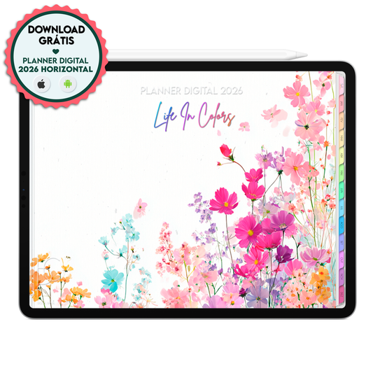 Download grátis do Planner Digital 2026  coleção Life In Colors Horizontal para planejar o ano de 2026 no iPad com app GoodNotes ou Tablet com o app Notein. Tablet da Samsung
