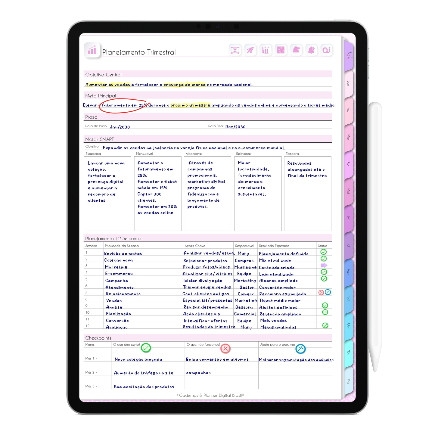 Planejamento trimestral da Agenda Digital Permanente para organização de metas, projetos, prioridades e resultados ao longo do ano. Agenda para Tablet e iPad. 