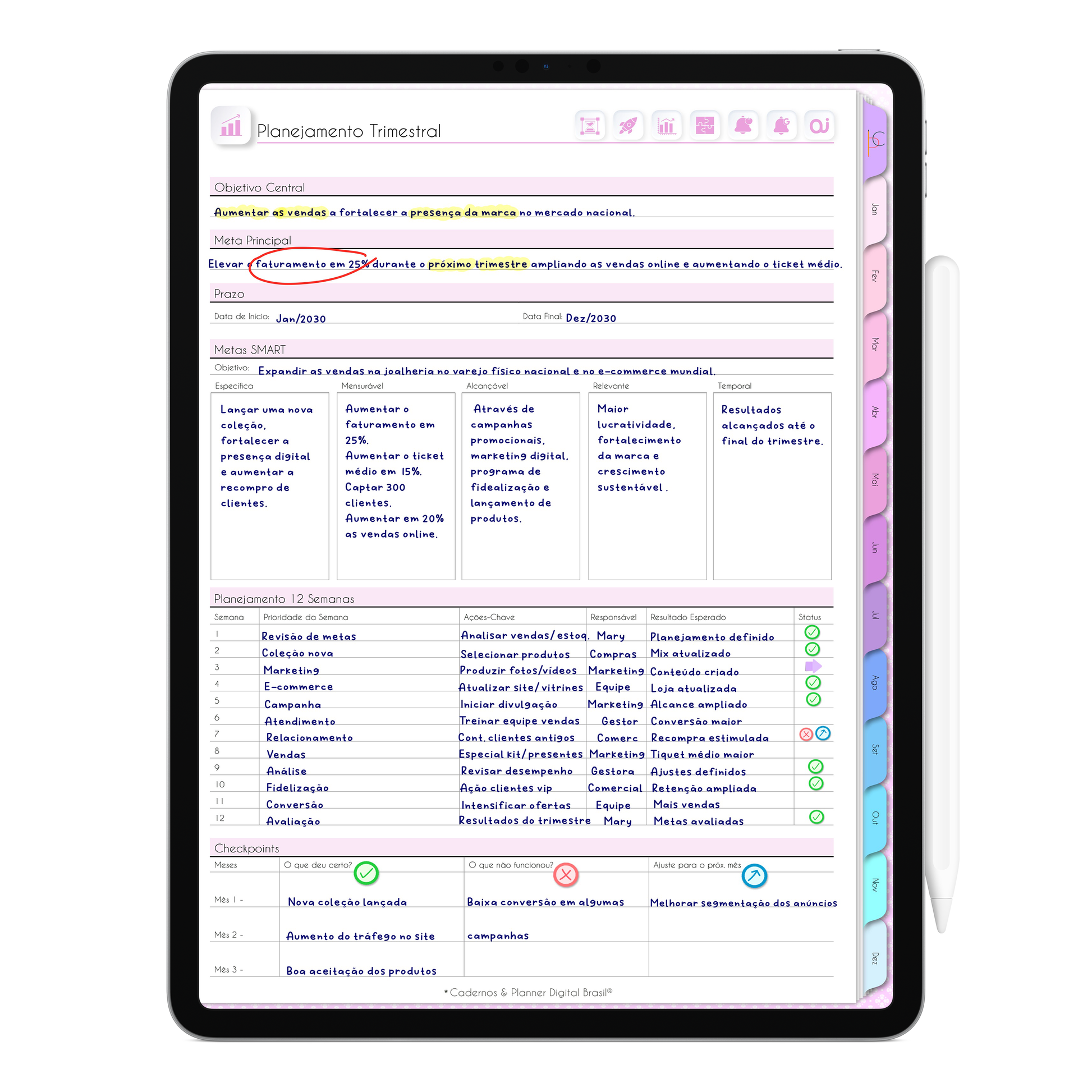Planejamento trimestral da Agenda Digital Permanente para organização de metas, projetos, prioridades e resultados ao longo do ano. Agenda para Tablet e iPad. 