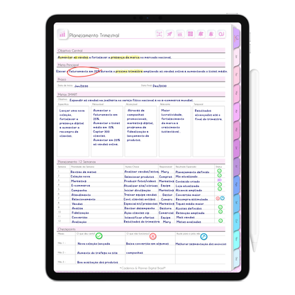Planejamento trimestral da Agenda Digital Permanente para organização de metas, projetos, prioridades e resultados ao longo do ano. Agenda para Tablet e iPad. 