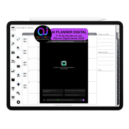 Converse com a Inteligência Artificial AI PLANNER DIGITAL do Planner Digital 2026 Executivo Horizontal e receba orientações das funcionalidades do planner digital e dicas de como se planejar e organizar a sua vida. 1ª IA do mundo em um Planner Digital desde 2024 da Cadernos & Planner Digital Brasil