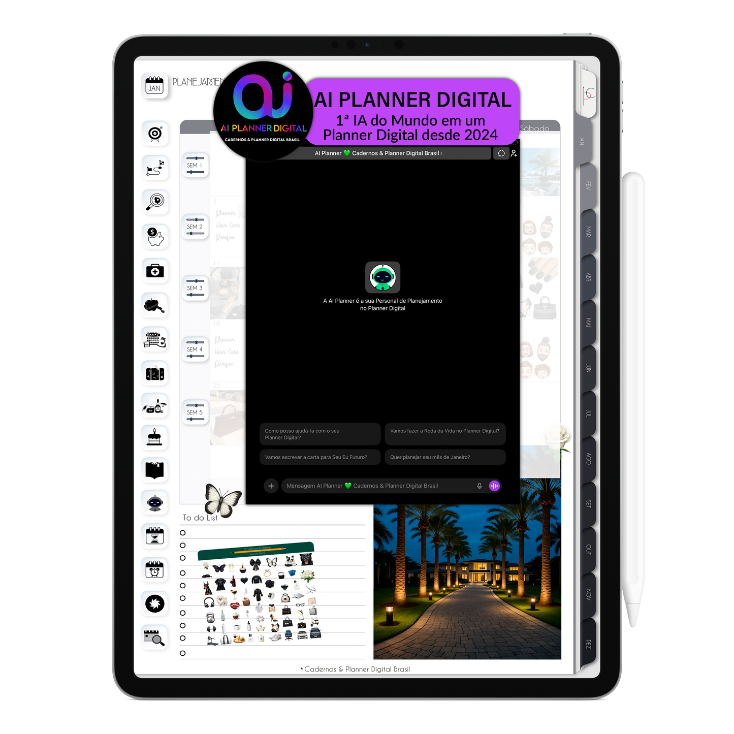 Converse com a Inteligência Artificial AI PLANNER DIGITAL do Planner Digital 2026 Executivo Vertical e receba orientações das funcionalidades do planner digital e dicas de como se planejar e organizar a sua vida. 1ª IA do mundo em um Planner Digital desde 2024 da Cadernos & Planner Digital Brasil