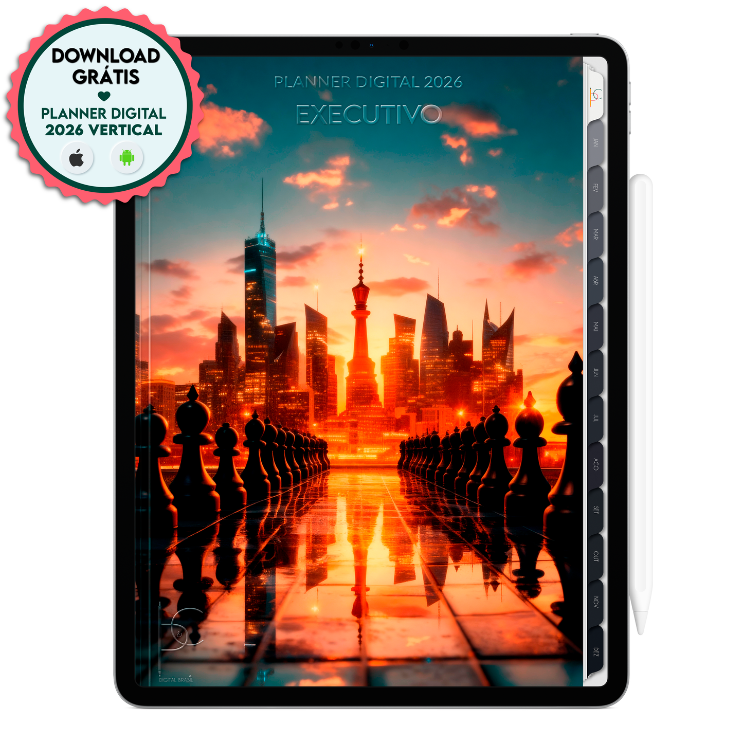 Download grátis do Planner Digital 2026  coleção Executivo para planejar o ano de 2026 no iPad com app GoodNotes ou Tablet com o app Notein. Tablet da Samsung