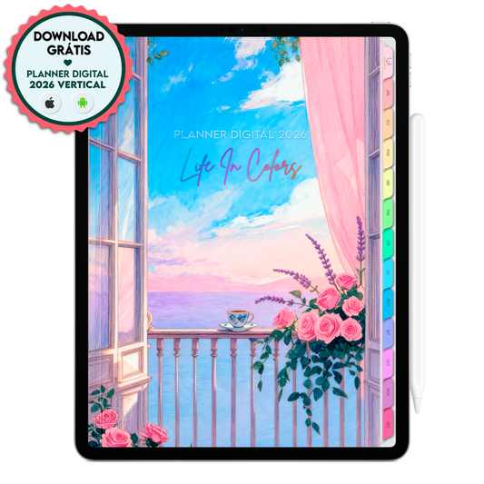 Download grátis do Planner Digital 2026  coleção Life In Colors para planejar o ano de 2026 no iPad com app GoodNotes ou Tablet com o app Notein. Tablet da Samsung