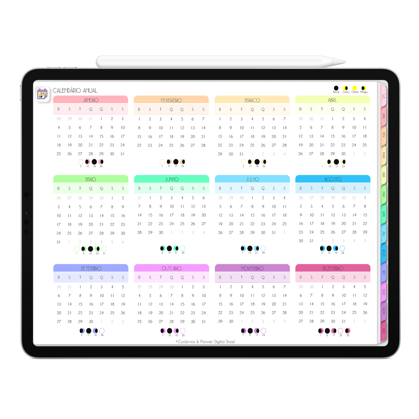 Página Calendário Anual e Lunar do Planner Digital 2026 Life In Colors Horizontal da Cadernos & Planner Digital Brasil visualizada em um iPad ou Tablet Android, compatível com GoodNotes e Notein.