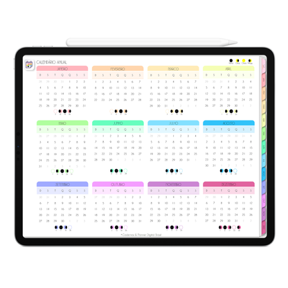 Página Calendário Anual e Lunar do Planner Digital 2026 Life In Colors Horizontal da Cadernos & Planner Digital Brasil visualizada em um iPad ou Tablet Android, compatível com GoodNotes e Notein.