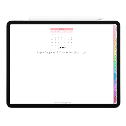 Capa e Moodboard do mês do Planner Digital 2026 Life In Colors Horizontal da Cadernos & Planner Digital Brasil visualizada em um iPad ou Tablet Android, compatível com GoodNotes e Notein.