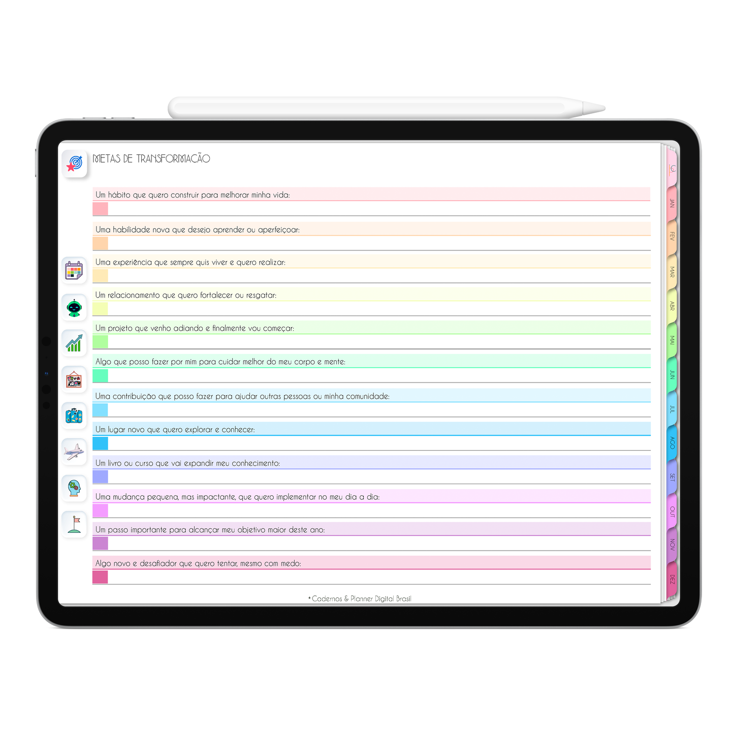Metas de transformação para 2026 do Planner Digital 2026 Life In Colors Horizontal da Cadernos & Planner Digital Brasil visualizada em um iPad ou Tablet Android, compatível com GoodNotes e Notein.