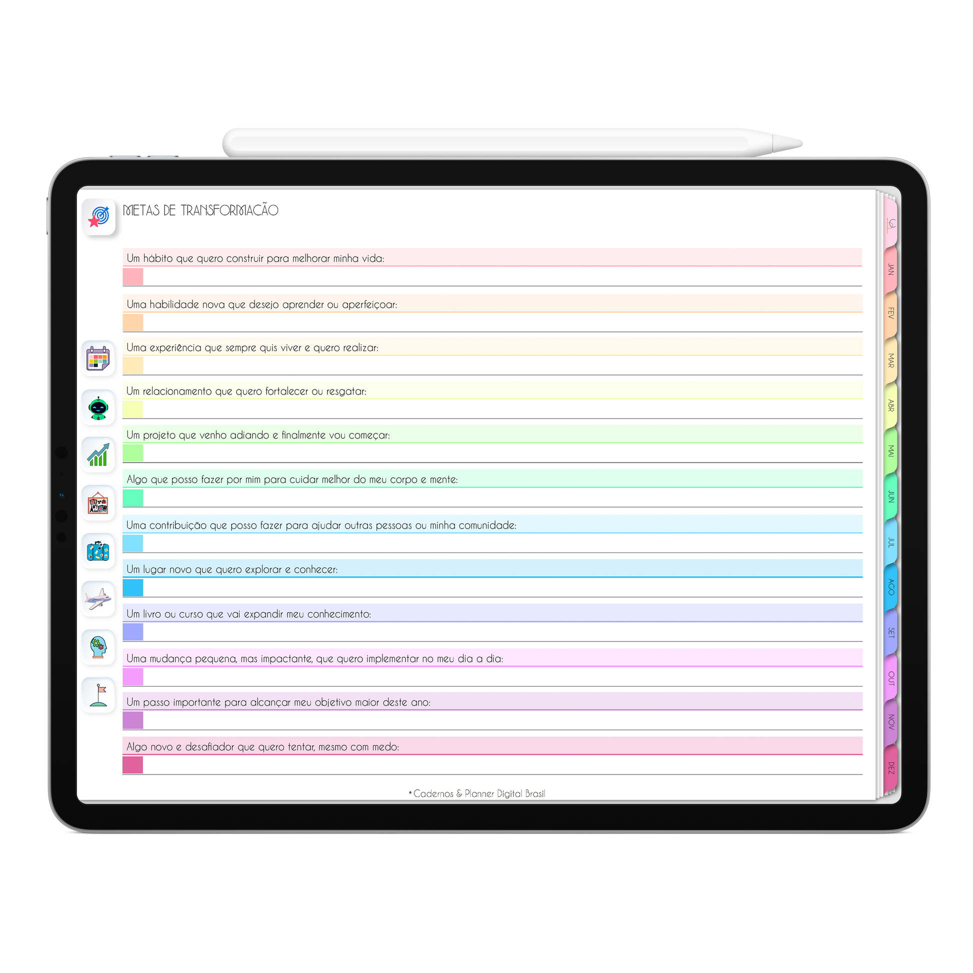 Metas de transformação para 2026 do Planner Digital 2026 Life In Colors Horizontal da Cadernos & Planner Digital Brasil visualizada em um iPad ou Tablet Android, compatível com GoodNotes e Notein.