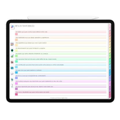 Metas de transformação para 2026 do Planner Digital 2026 Life In Colors Horizontal da Cadernos & Planner Digital Brasil visualizada em um iPad ou Tablet Android, compatível com GoodNotes e Notein.