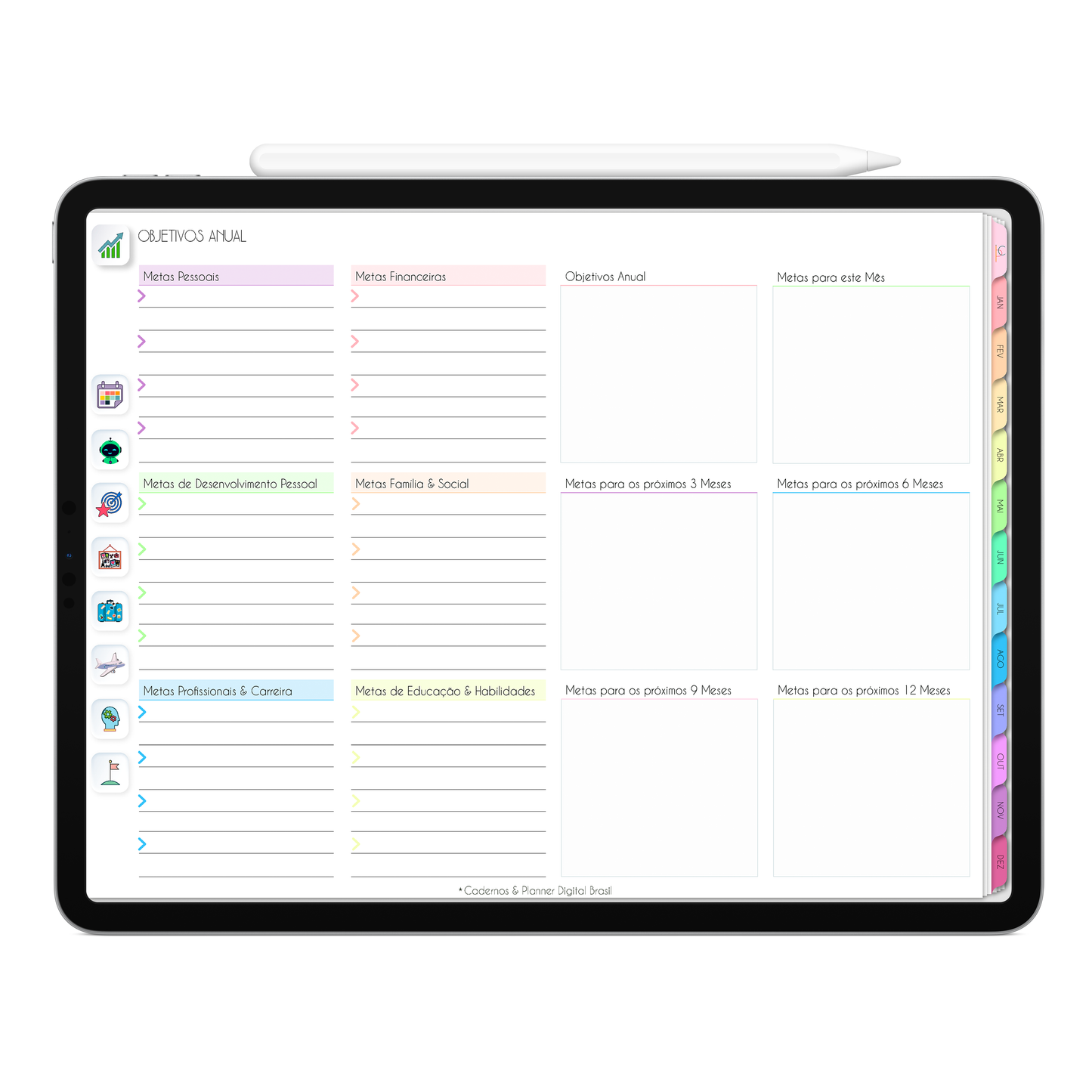 Página Objetivos Anual com seção para definir metas das áreas da vida do Planner Digital 2026 Life In Colors Horizontal da Cadernos & Planner Digital Brasil visualizada em um iPad ou Tablet Android, compatível com GoodNotes e Notein.