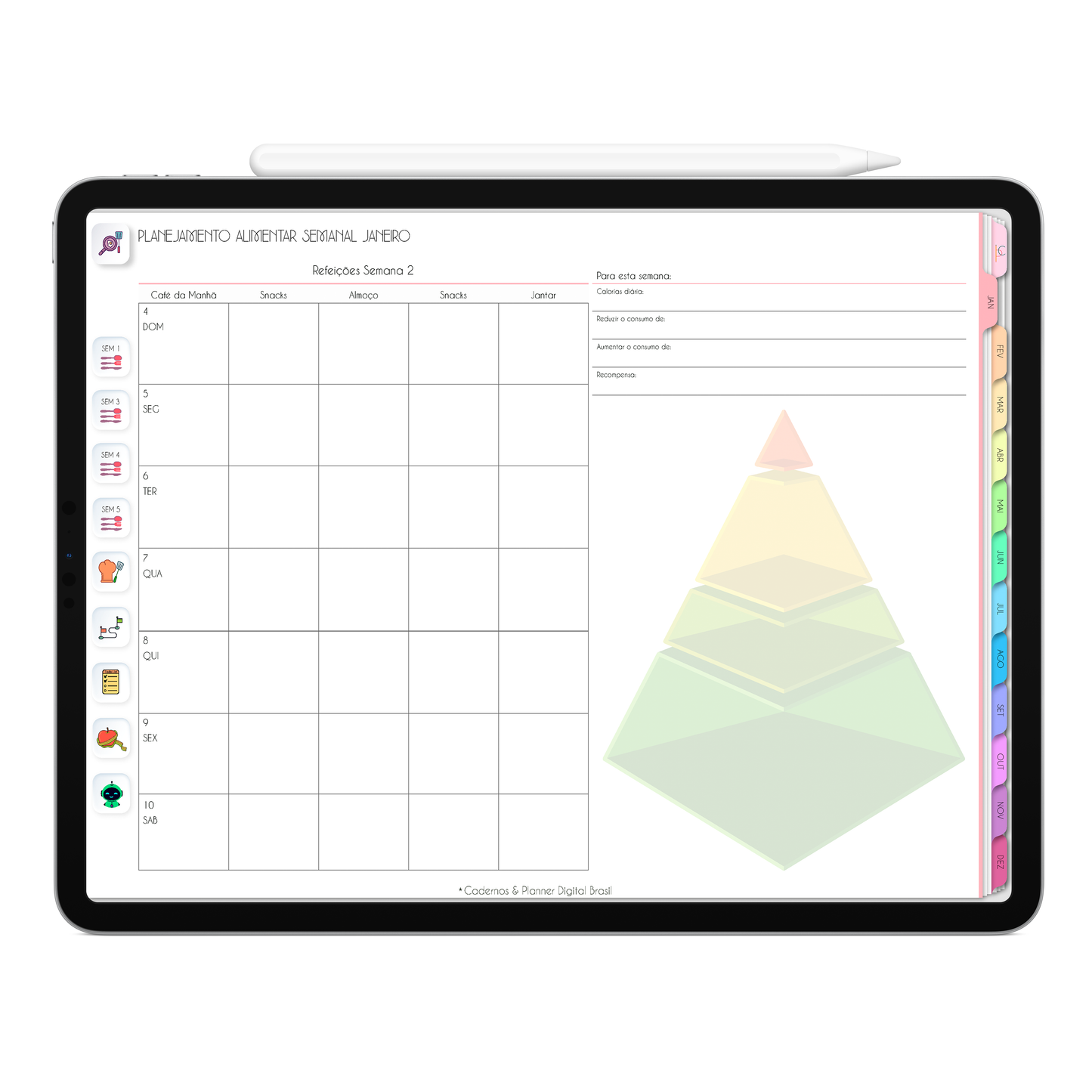 Planner Alimentar semanal para as 53 semanas do ano do Planner Digital 2026 Life In Colors Horizontal da Cadernos & Planner Digital Brasil visualizada em um iPad ou Tablet Android, compatível com GoodNotes e Notein.