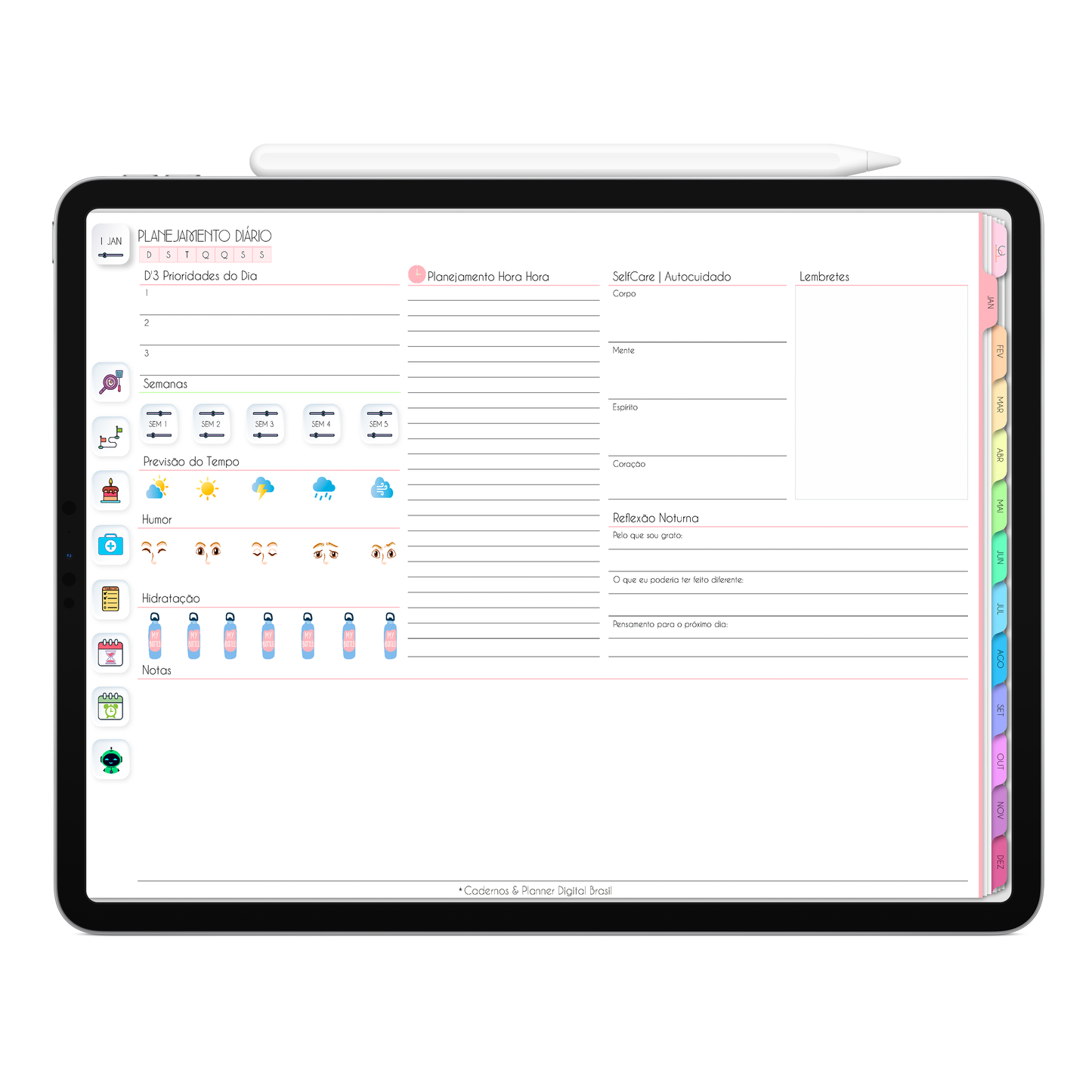 Planner Diário, planejamento do dia com agenda hora a hora no Planner Digital 2026 Life In Colors Horizontal da Cadernos & Planner Digital Brasil visualizada em um iPad ou Tablet Android, compatível com GoodNotes e Notein.